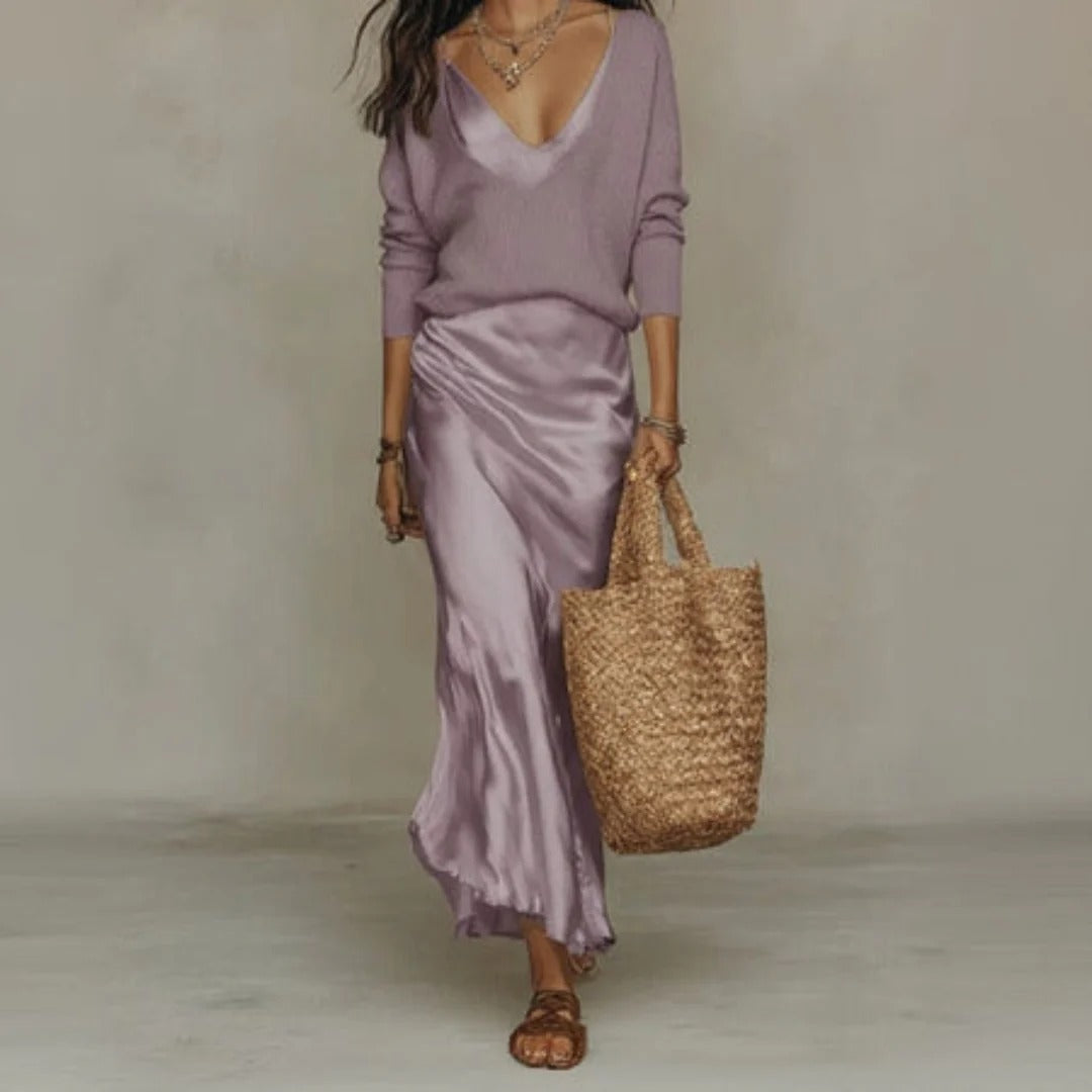 ANTONELLA – Abito Midi Satinato con Maglione Incluso!!
