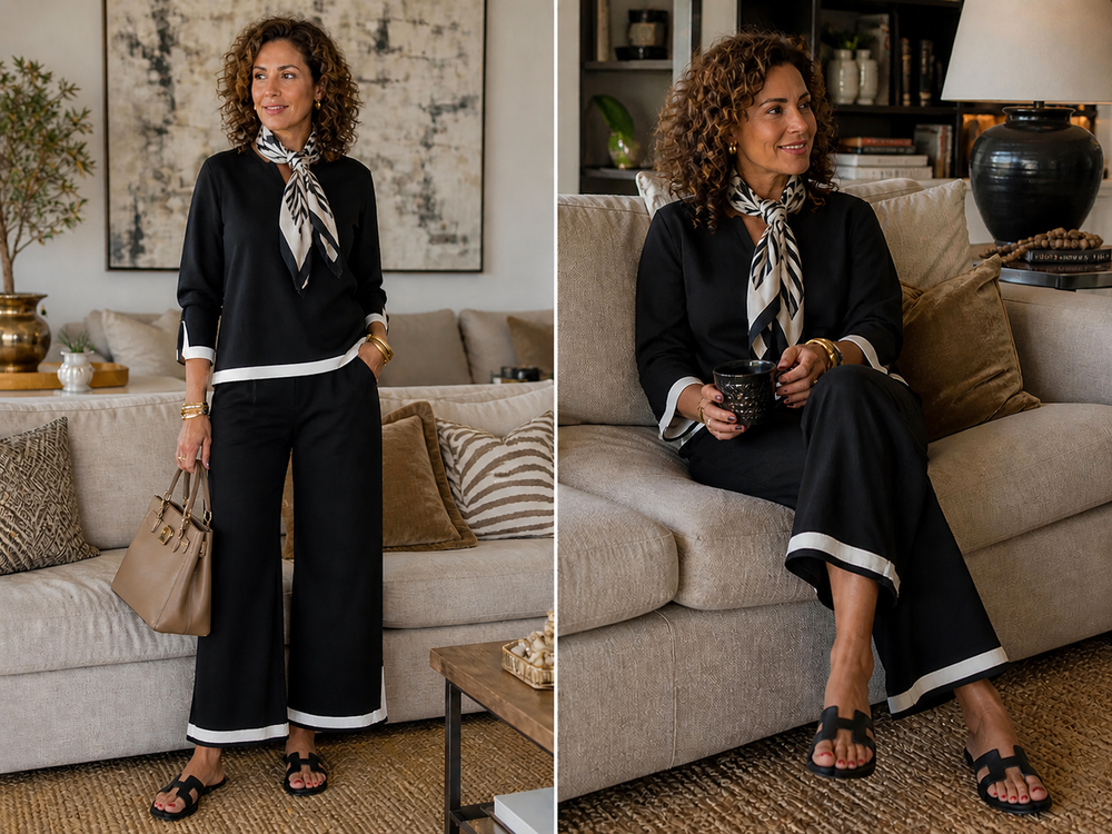 Completo casual da donna in cotone: top ampio con scollo a V e maniche a 3/4 e pantaloni a gamba larga a vita alta.