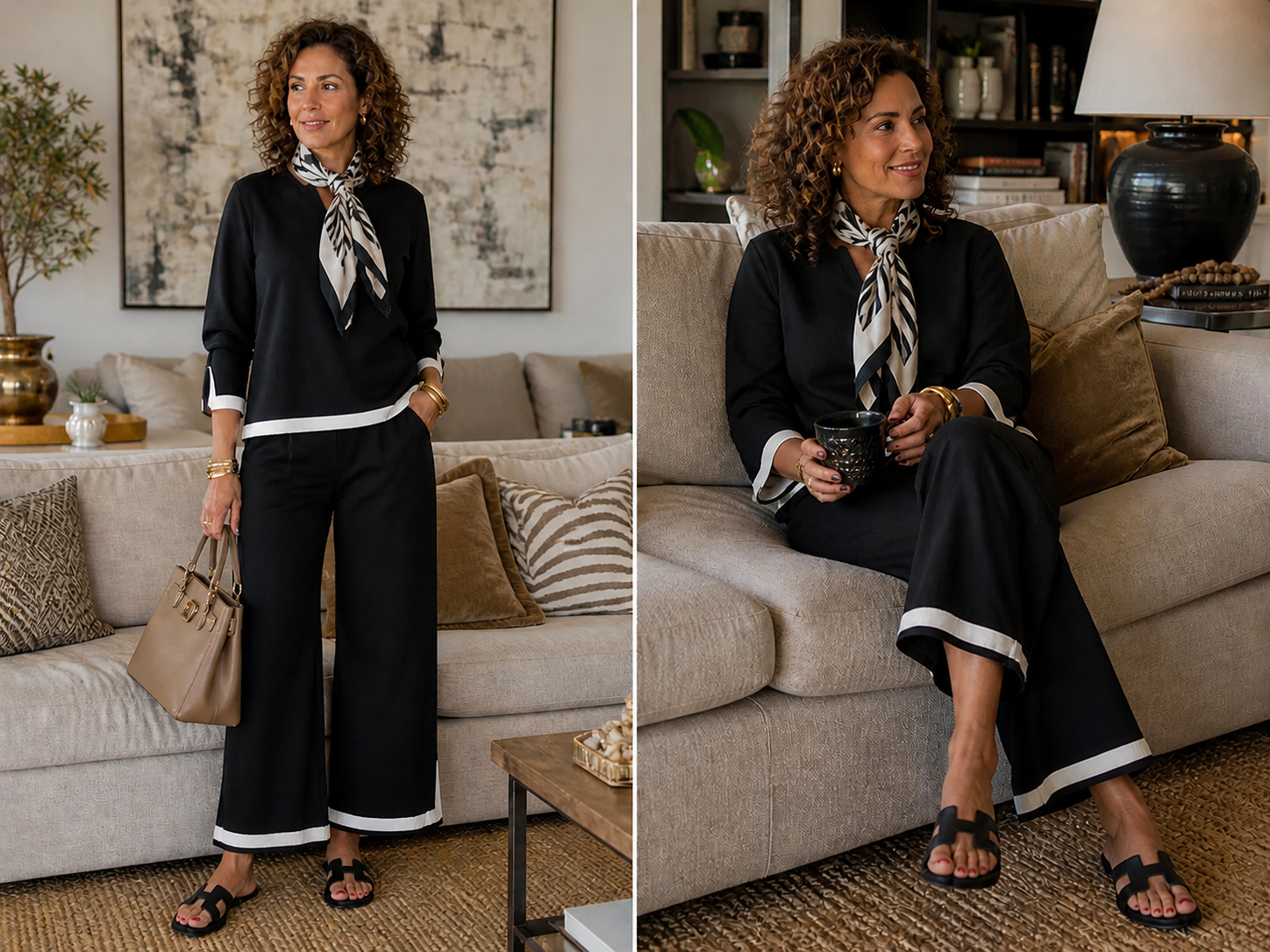 Completo casual da donna in cotone: top ampio con scollo a V e maniche a 3/4 e pantaloni a gamba larga a vita alta.