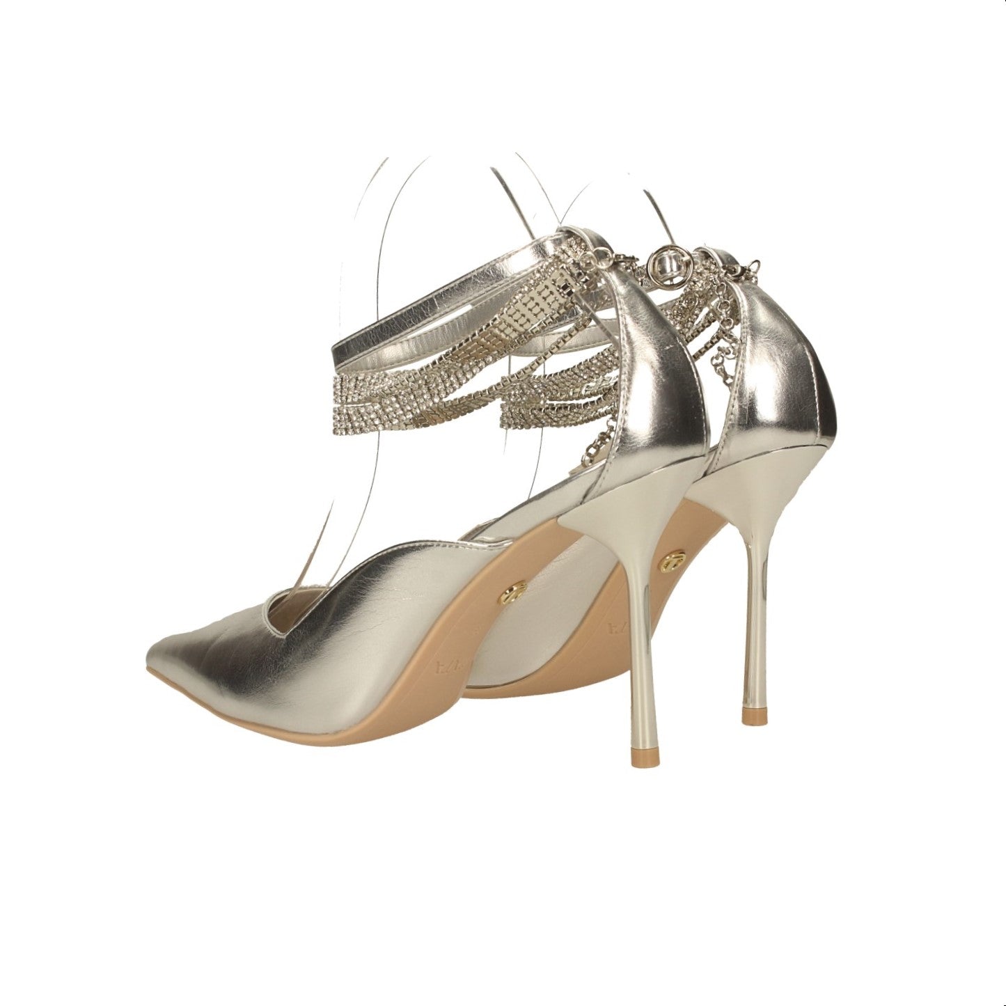 Décolleté con cinturino ricoperto da strass. Tacco alto 10cm