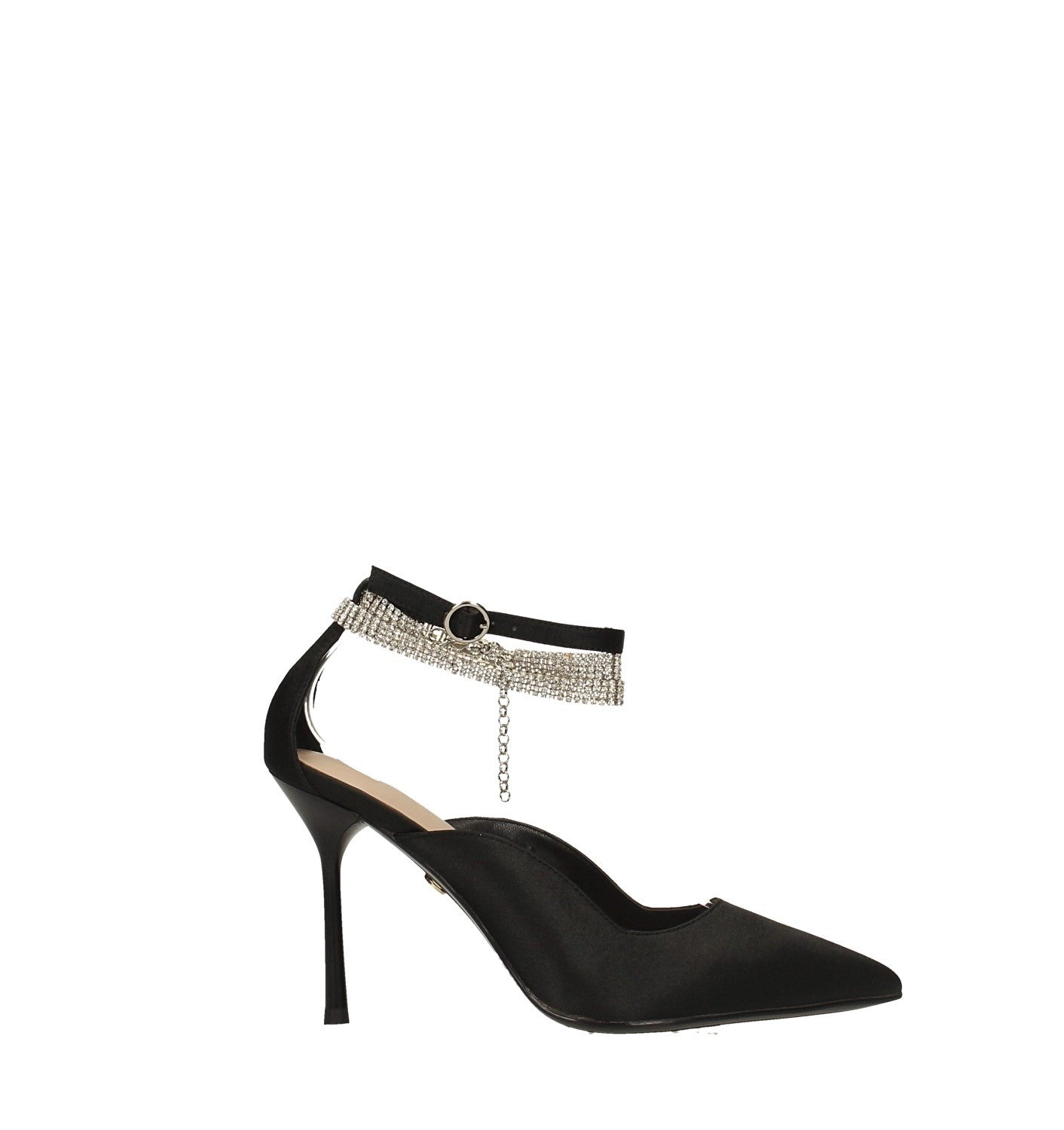 Décolleté con cinturino ricoperto da strass. Tacco alto 10cm