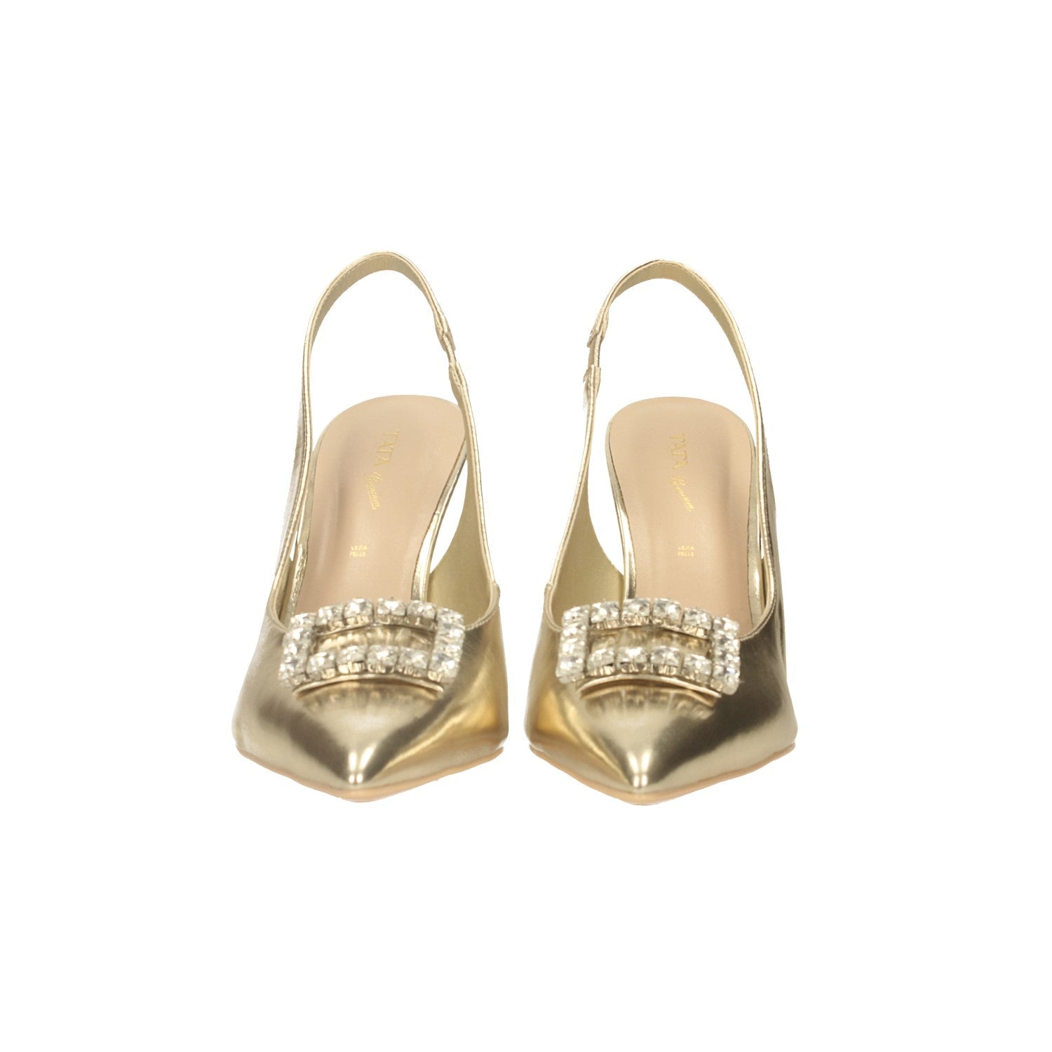 Décolleté slingback con gioiello. Tacco alto 9.5cm