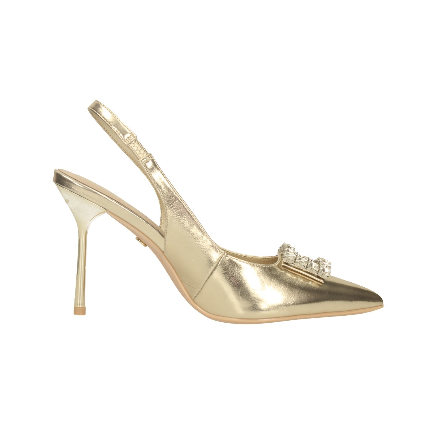 Décolleté slingback con gioiello. Tacco alto 9.5cm