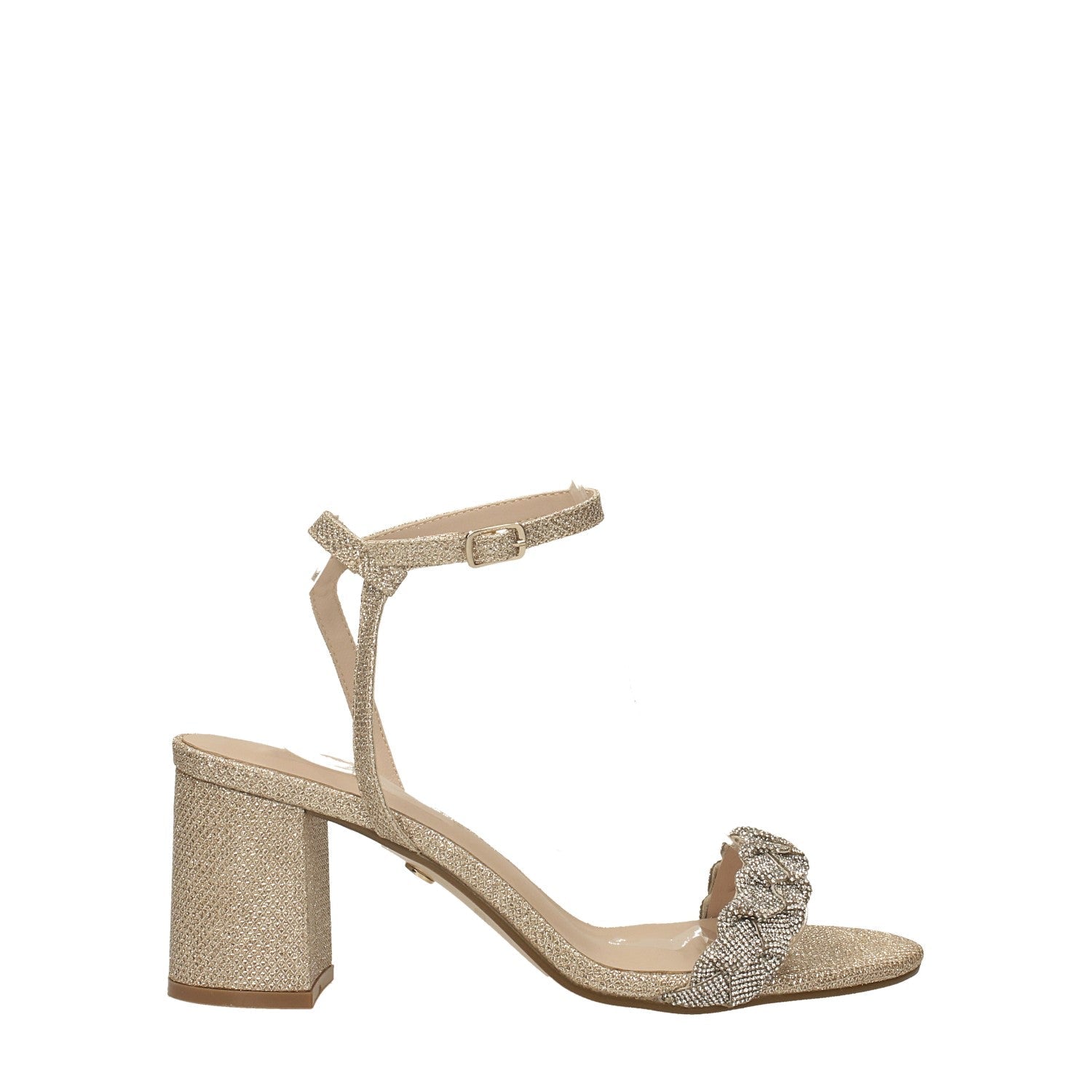 Sandali con fascia intrecciata ricoperta di strass. Tacco alto 7cm