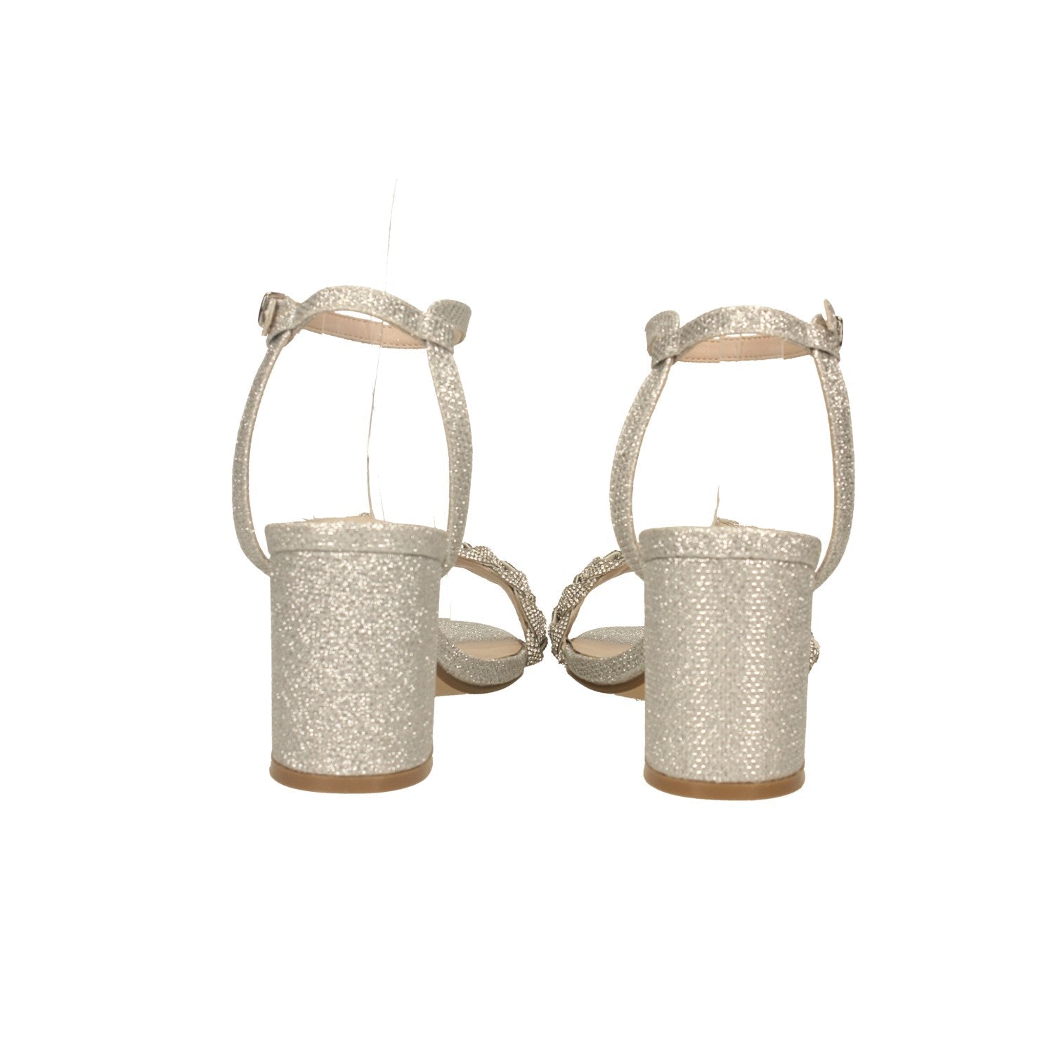 Sandali con fascia intrecciata ricoperta di strass. Tacco alto 7cm