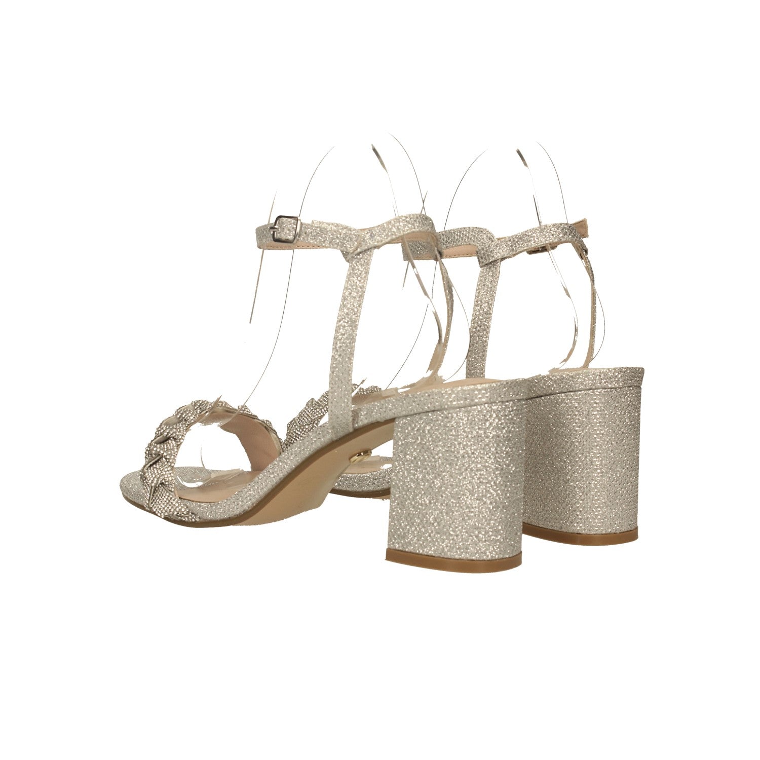 Sandali con fascia intrecciata ricoperta di strass. Tacco alto 7cm