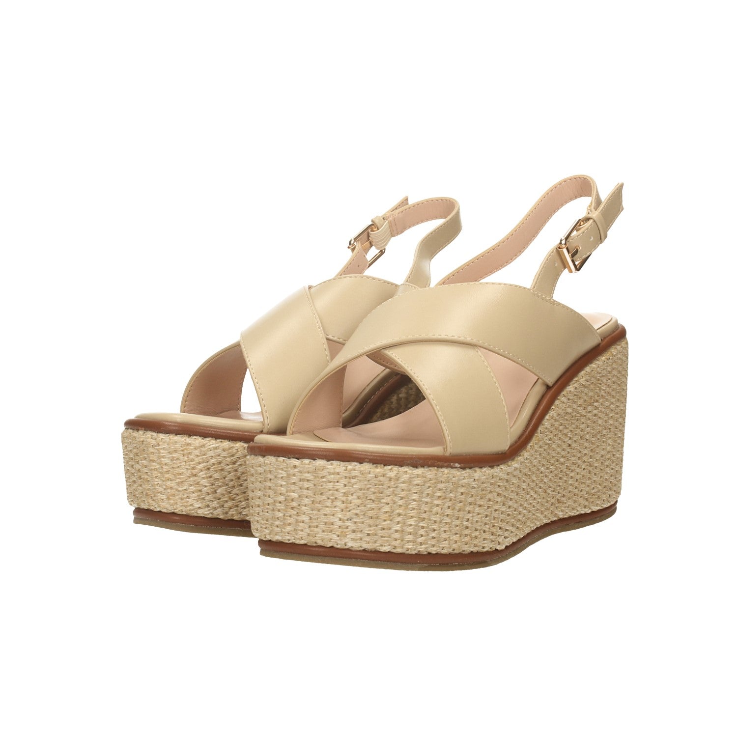 Sandali con zeppa in tessuto intrecciato. Tacco alto 9cm