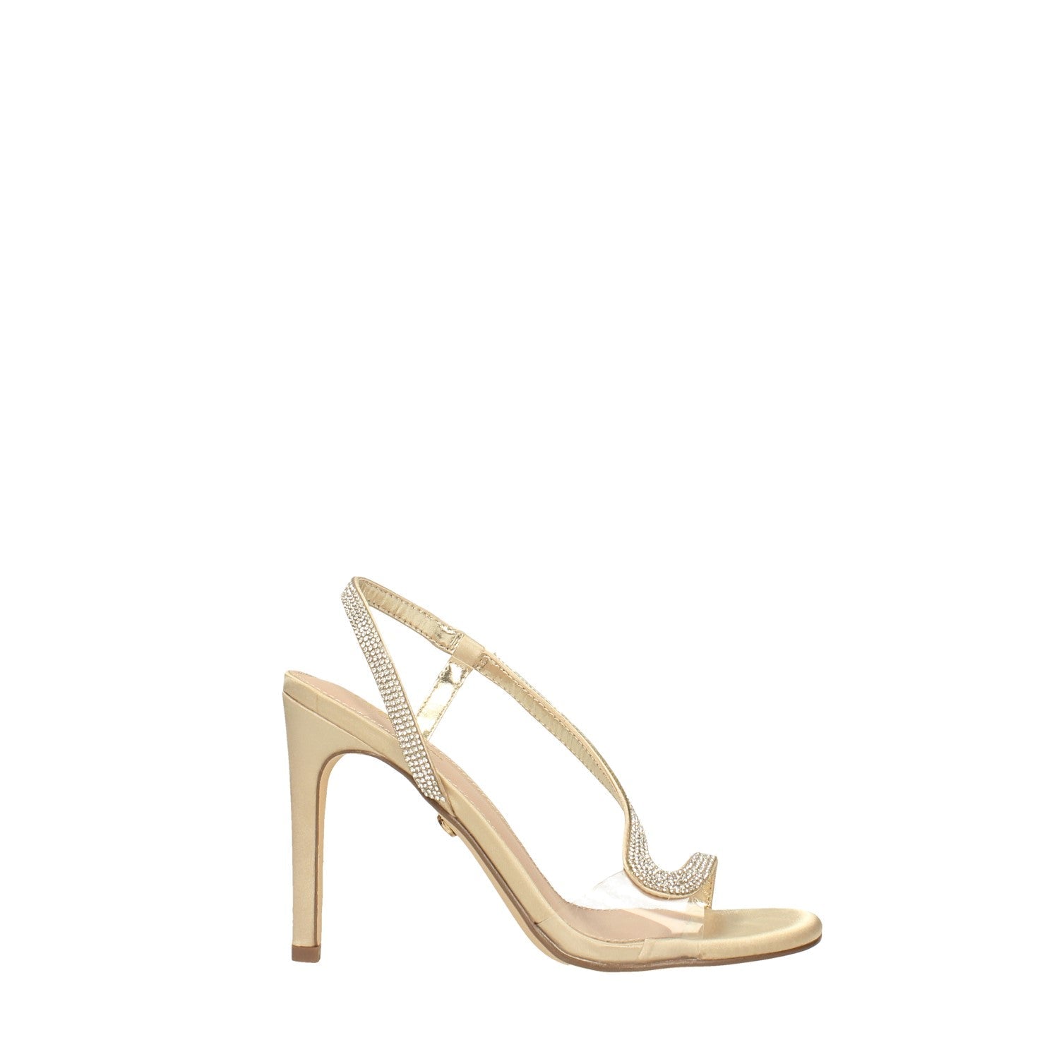 Sandali in tessuto con strass e inserto in PVC. Tacco alto 10.5cm