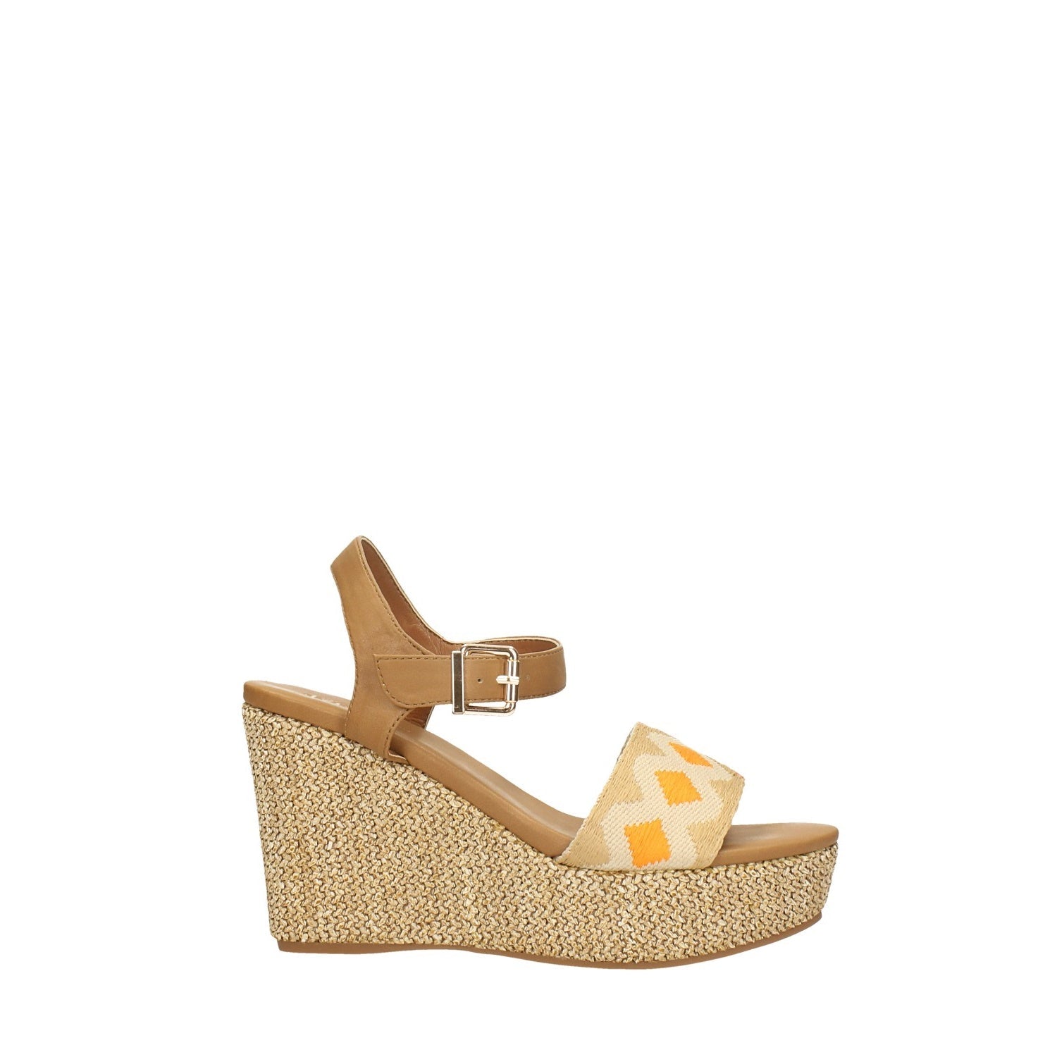 Sandali con zeppa in rafia e inserto in tessuto. Tacco alto 10cm