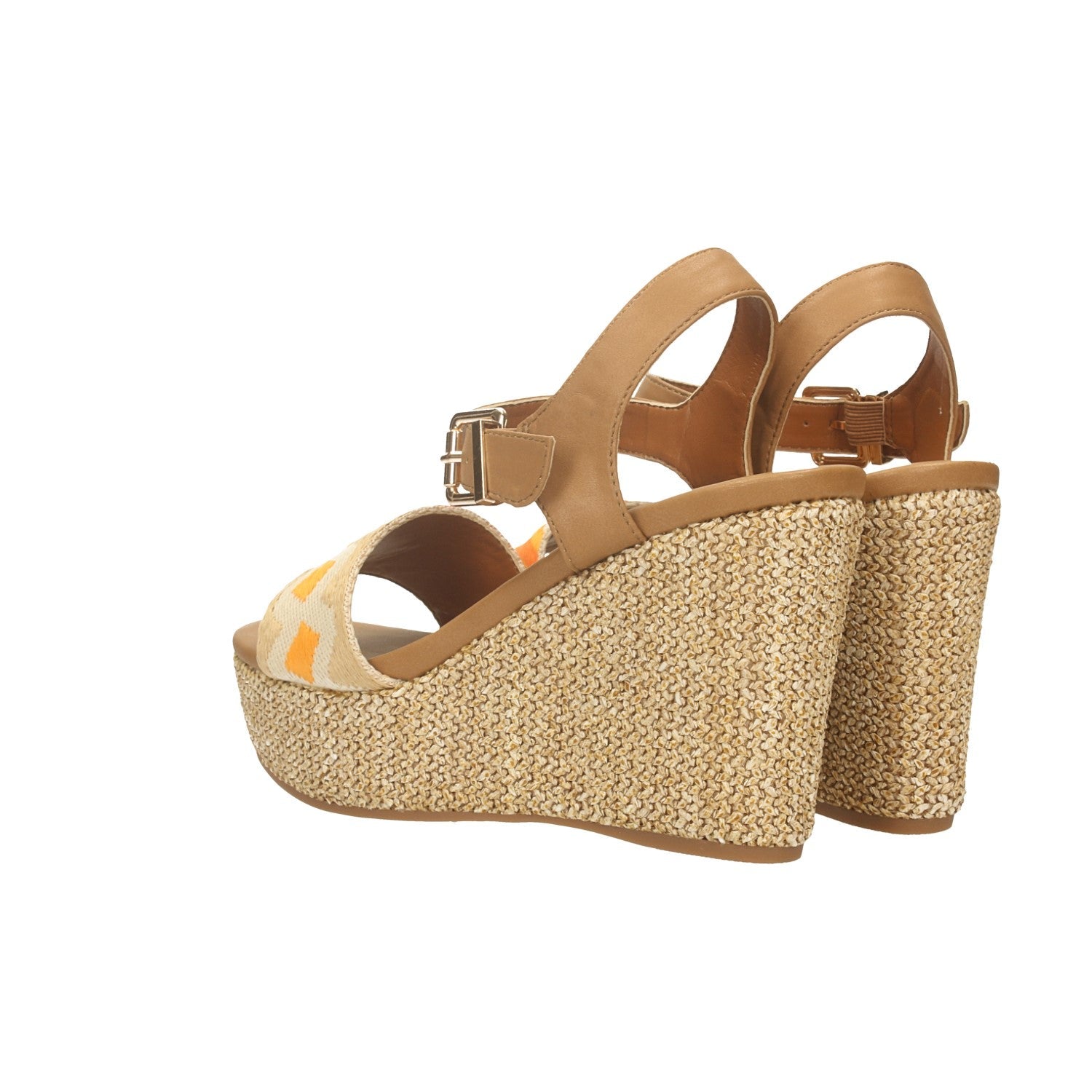 Sandali con zeppa in rafia e inserto in tessuto. Tacco alto 10cm